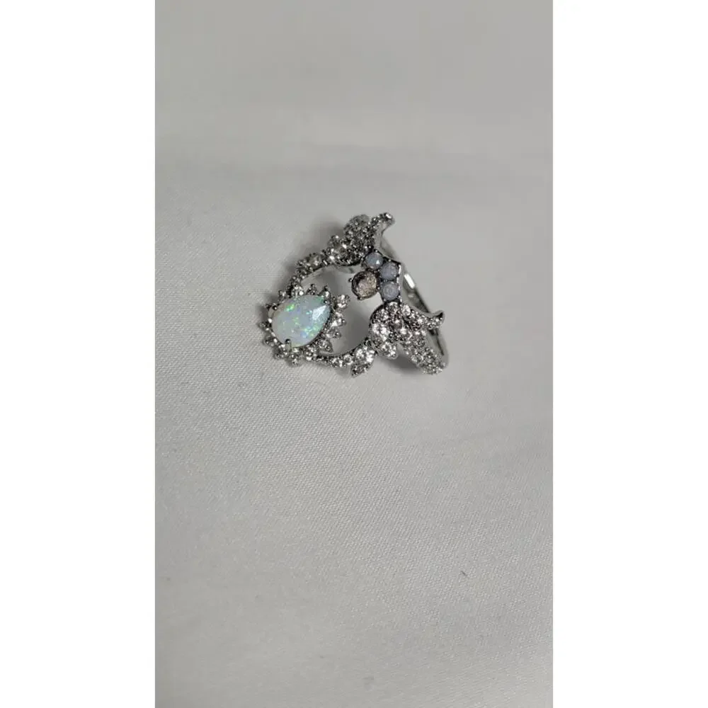 Elegant Opal and Crystal Silver Ring Size 9